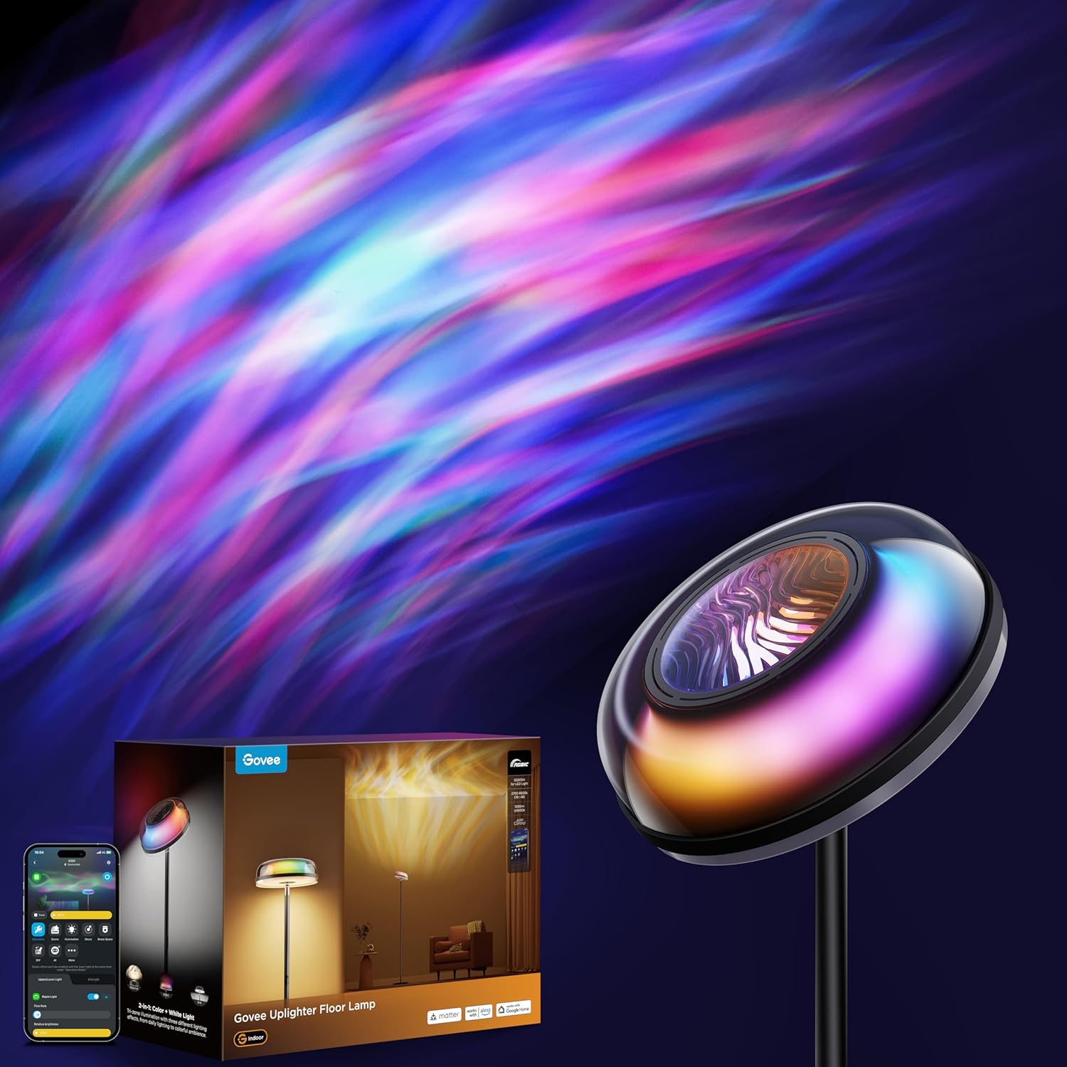 Govee Uplighter Floor Lamp for Living Room, RGBIC Ripple Projector, Floor Lamp for Bedroom Works with Matter, 215 ft² Light Area, 1000lm LED Modern Corner Floor Light, Warm Cool White Standing Lamp Govee Uplighter Floor Lamp for Living Room, RGBIC Ripple Projector, Floor Lamp for Bedroom Works with Matter, 215 ft² Light Area, 1000lm LED Modern Corner Floor Light, Warm Cool White Standing Lamp