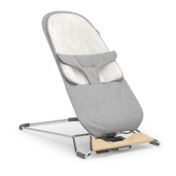UPPAbaby Mira Bouncer/Portable 2-in-1 Bouncer + Seat Grows with Your Baby/GREENGuard Gold, JPMA + FSC Certified/Cozy Seat Liner + Storage Bag Included/Stella (Grey Mélange/Silver Chrome/Maple Wood)