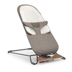 UPPAbaby Mira Bouncer/Portable 2-in-1 Bouncer + Seat Grows with Your Baby/GREENGuard Gold, JPMA + FSC Certified/Cozy Seat Liner + Storage Bag Included/Wells (Taupe Mélange/Black Chrome/Walnut Wood)