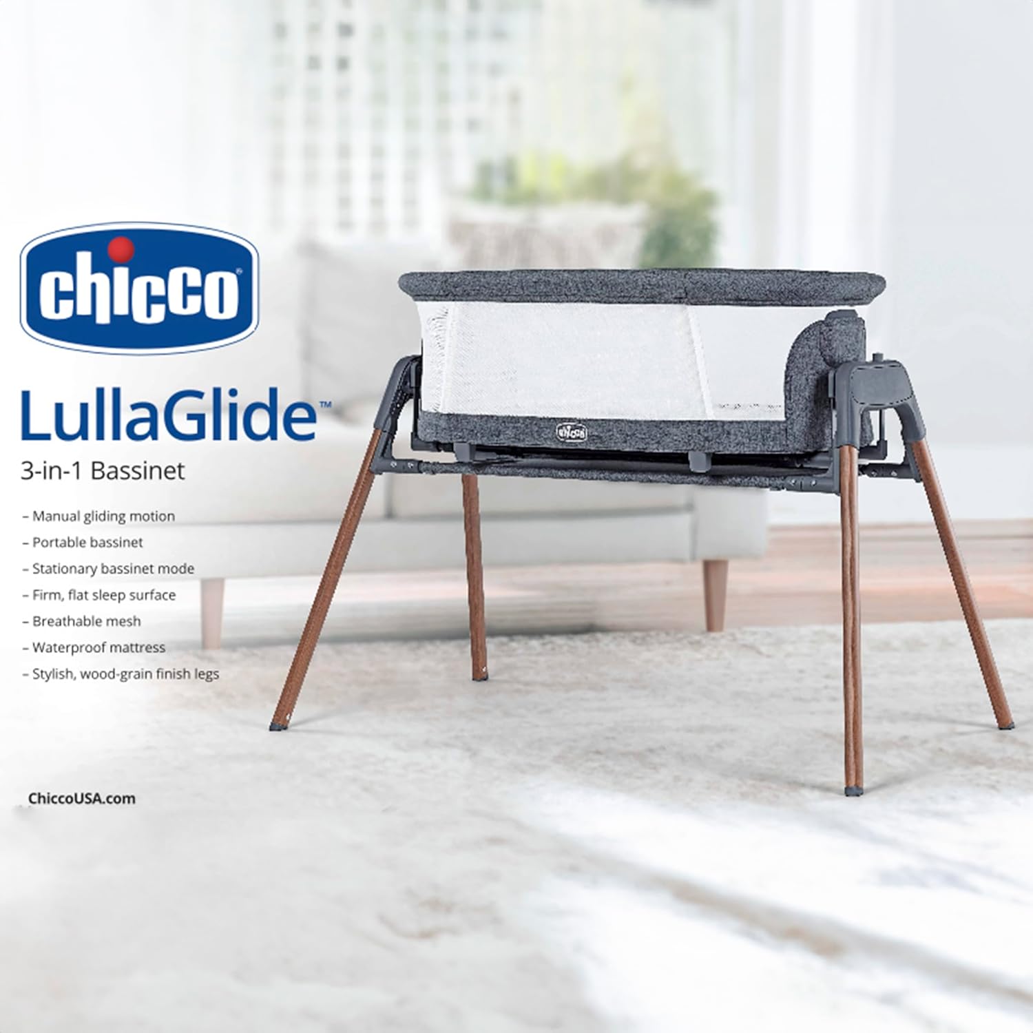 Chicco LullaGlide 3-in-1 Stationary, Gliding, and Portable Baby Bassinet, Waterproof Mattress and Fitted Sheet, Luna/Grey Chicco LullaGlide 3-in-1 Stationary, Gliding, and Portable Baby Bassinet, Waterproof Mattress and Fitted Sheet, Travel Bassinet for Baby Includes Carry Bag | Luna/Grey