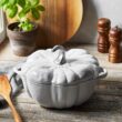 STAUB Cast Iron Dutch Oven 3.5-qt Pumpkin Cocotte with Stainless Steel Knob, Serves 3-4, White STAUB Cast Iron Dutch Oven 3.5-qt Pumpkin Cocotte with Stainless Steel Knob, Made in France, Serves 3-4, White