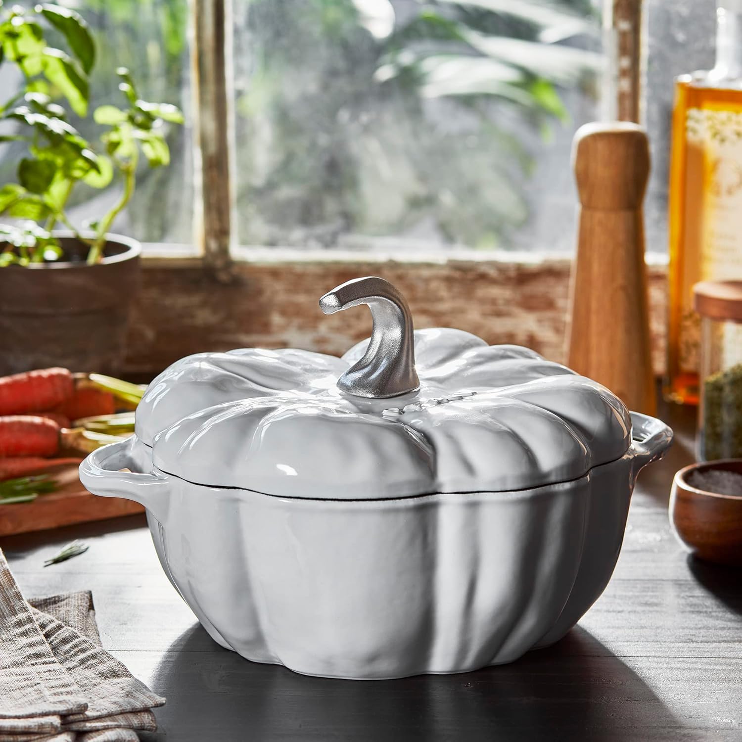 STAUB Cast Iron Dutch Oven 3.5-qt Pumpkin Cocotte with Stainless Steel Knob, Serves 3-4, White STAUB Cast Iron Dutch Oven 3.5-qt Pumpkin Cocotte with Stainless Steel Knob, Made in France, Serves 3-4, White