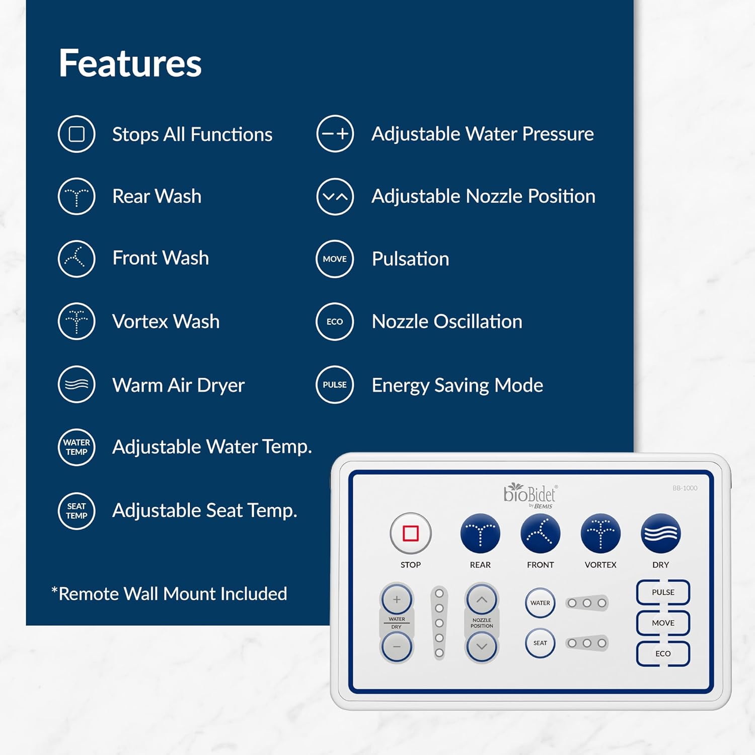 Bio Bidet BB1000 Warm Water Bidet Seat, Air Dryer, Heated Seat with Slow Close Lid, Remote Control, Round Bio Bidet BB1000 Warm Water Bidet Seat, Air Dryer, Heated Seat with Slow Close Lid, Remote Control, Round