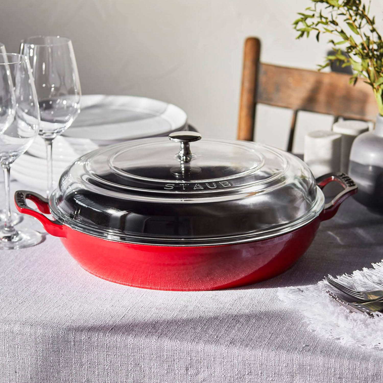 STAUB Cast Iron Braiser with Glass Lid, Dutch Oven, 3.5-quart, serves 3-4, Made in France, Cherry STAUB Cast Iron Braiser with Glass Lid, Dutch Oven, 3.5-quart, serves 3-4, Made in France, Cherry