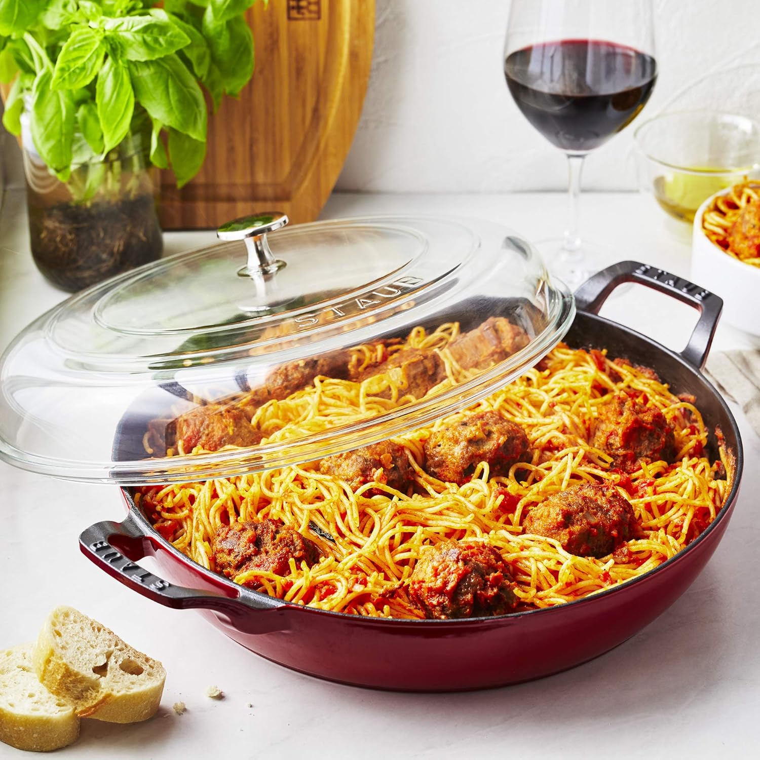 STAUB Cast Iron Braiser with Glass Lid, Dutch Oven, 3.5-quart, serves 3-4, Made in France, Cherry STAUB Cast Iron Braiser with Glass Lid, Dutch Oven, 3.5-quart, serves 3-4, Made in France, Cherry