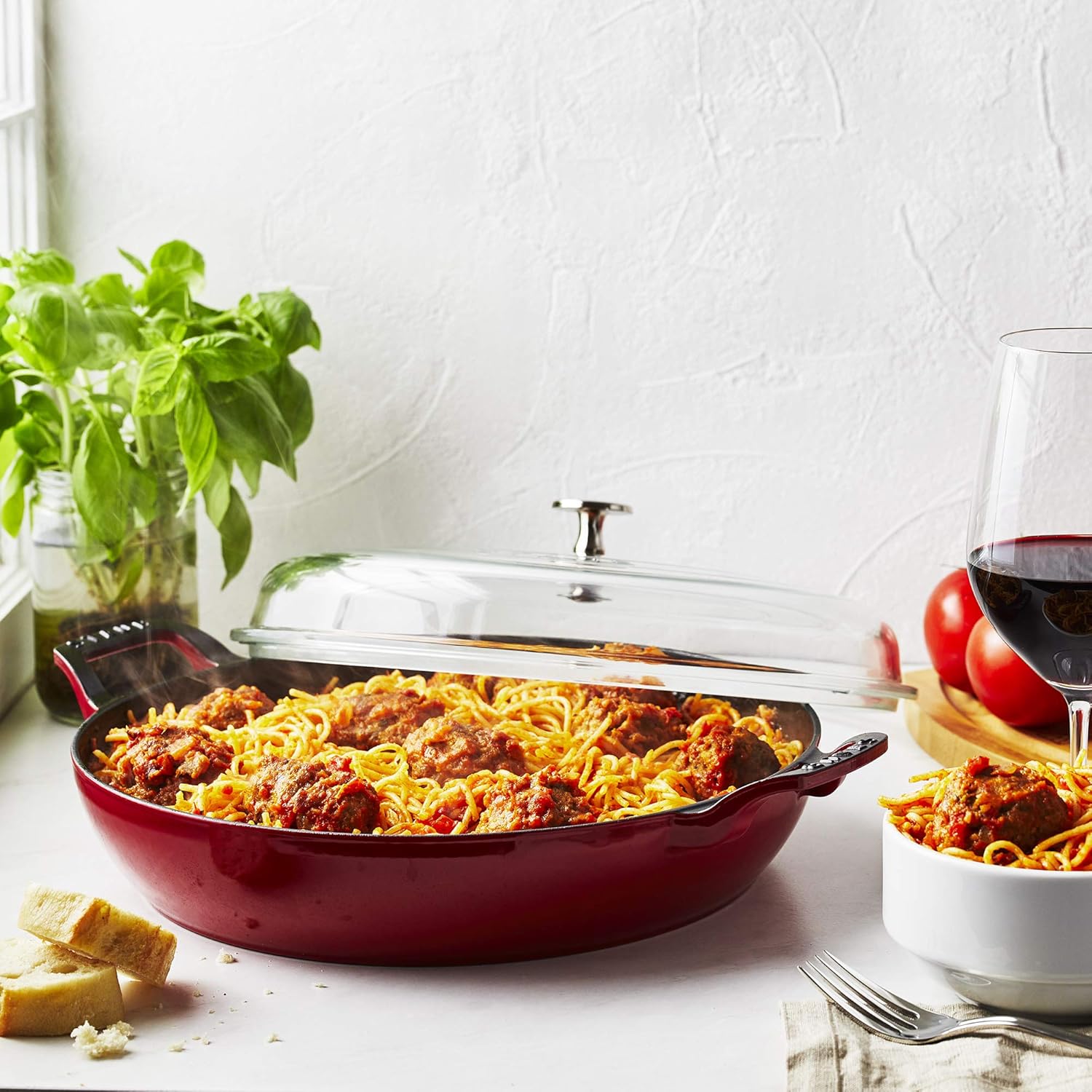 STAUB Cast Iron Braiser with Glass Lid, Dutch Oven, 3.5-quart, serves 3-4, Made in France, Cherry STAUB Cast Iron Braiser with Glass Lid, Dutch Oven, 3.5-quart, serves 3-4, Made in France, Cherry