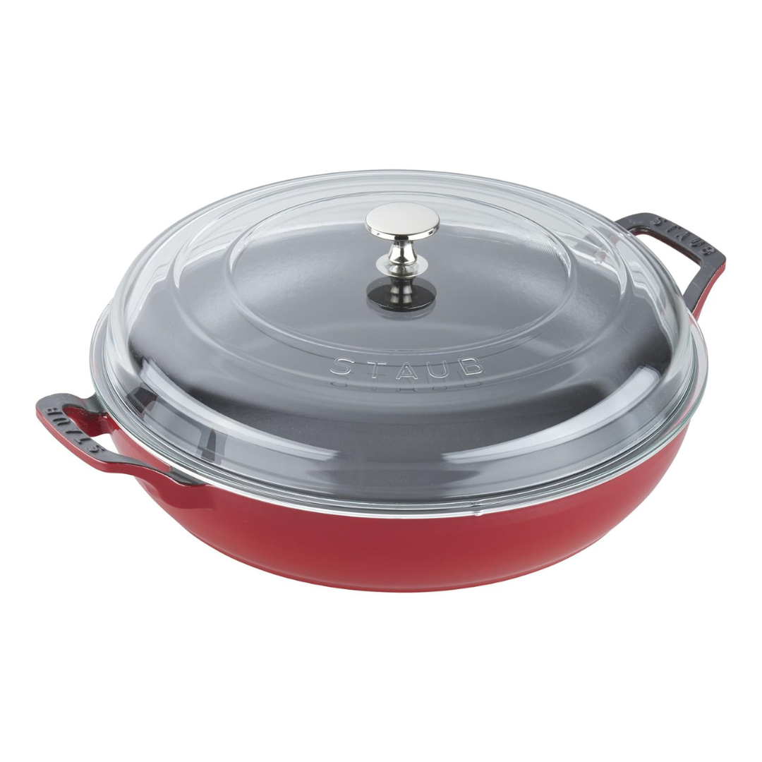 STAUB Cast Iron Braiser with Glass Lid, Dutch Oven, 3.5-quart, serves 3-4, Made in France, Cherry STAUB Cast Iron Braiser with Glass Lid, Dutch Oven, 3.5-quart, serves 3-4, Made in France, Cherry