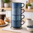 4-Pack Stackable Stoneware Mugs with Floral and Geometric Patterns
