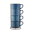 4-Pack Stackable Stoneware Mugs with Floral and Geometric Patterns