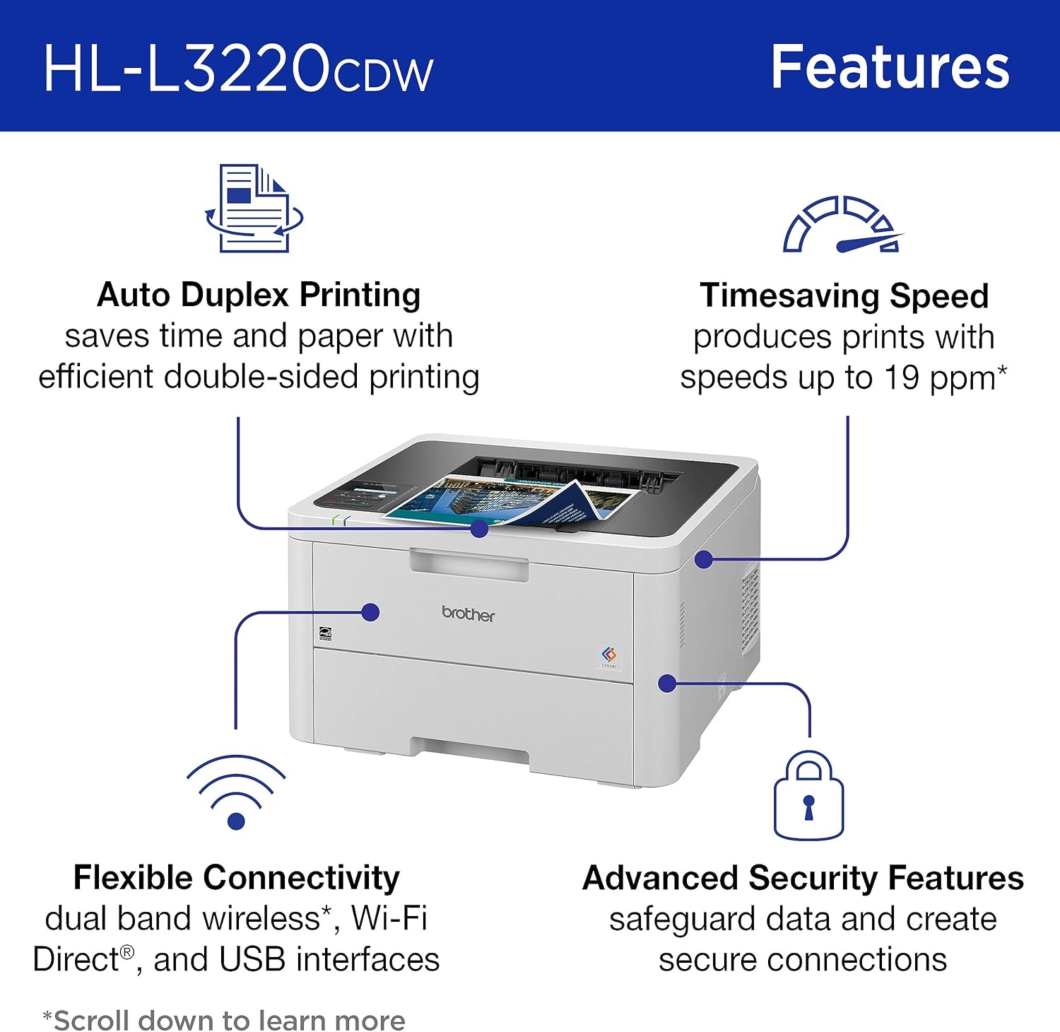 Brother Color Laser Printer with Wireless Printing Fast 19 PPM Output, Duplex Feature, Mobile Device Compatible (HL-L3220CDW) Brother Color Laser Printer with Wireless Printing Fast 19 PPM Output, Duplex Feature, Mobile Device Compatible, 250-Sheet Paper Tray for Professional Home Office Printing (HL-L3220CDW)