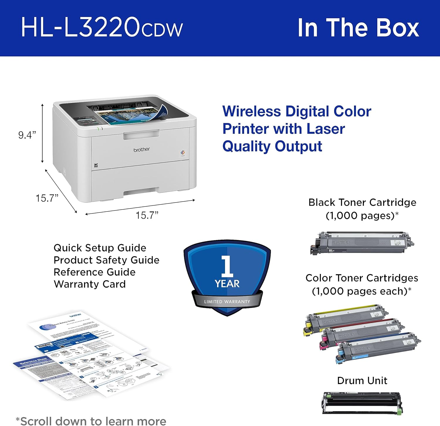 Brother Color Laser Printer with Wireless Printing Fast 19 PPM Output, Duplex Feature, Mobile Device Compatible (HL-L3220CDW) Brother Color Laser Printer with Wireless Printing Fast 19 PPM Output, Duplex Feature, Mobile Device Compatible, 250-Sheet Paper Tray for Professional Home Office Printing (HL-L3220CDW)