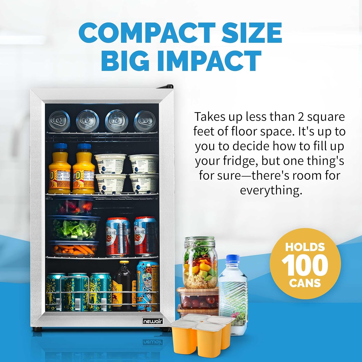 NewAir Small Cooler 2.4 Cu. Ft. Mini Fridge for Bedroom in Stainless Steel, 100 Can Capacity Beverage Refrigerator NewAir Small Cooler 2.4 Cu. Ft. Mini Fridge for Bedroom in Stainless Steel, 100 Can Capacity Beverage Refrigerator with 5 Custom Temperature Settings for Beer, Wine, Soda, and Cooler Drinks
