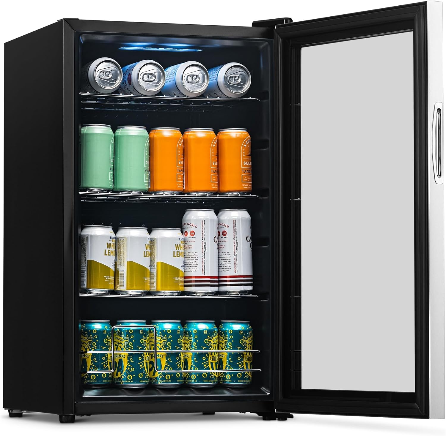 NewAir Small Cooler 2.4 Cu. Ft. Mini Fridge for Bedroom in Stainless Steel, 100 Can Capacity Beverage Refrigerator NewAir Small Cooler 2.4 Cu. Ft. Mini Fridge for Bedroom in Stainless Steel, 100 Can Capacity Beverage Refrigerator with 5 Custom Temperature Settings for Beer, Wine, Soda, and Cooler Drinks