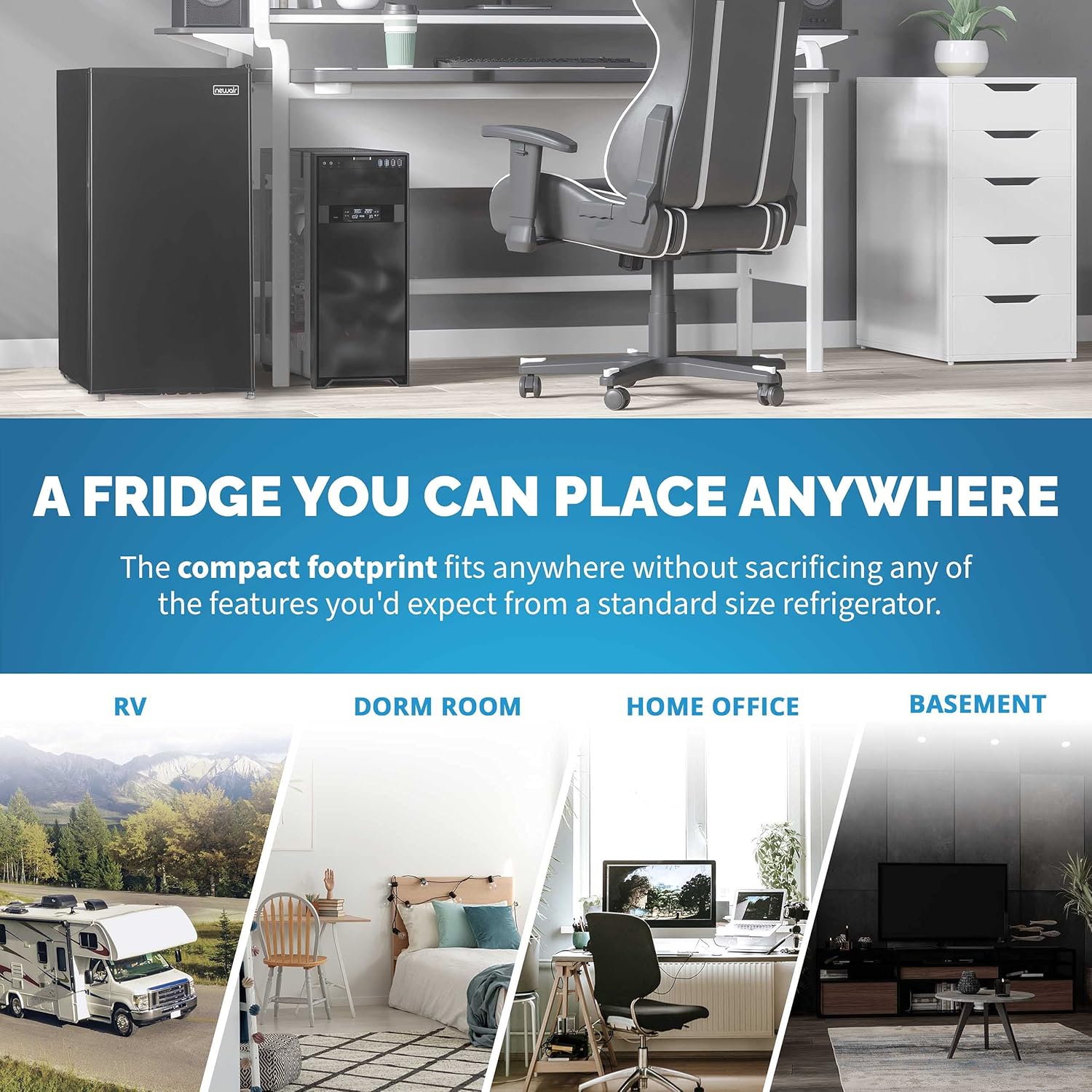 NewAir 3.3 Cu. Ft. Compact Mini Fridge with Chiller Compartment, Energy Star Certified, Single Door Refrigerator, Can Dispenser NewAir 3.3 Cu. Ft. Compact Mini Fridge with Chiller Compartment, Energy Star Certified, Single Door Refrigerator, Can Dispenser, Perfect for Dorm Rooms, Bedrooms, Home Offices, and RV Vans