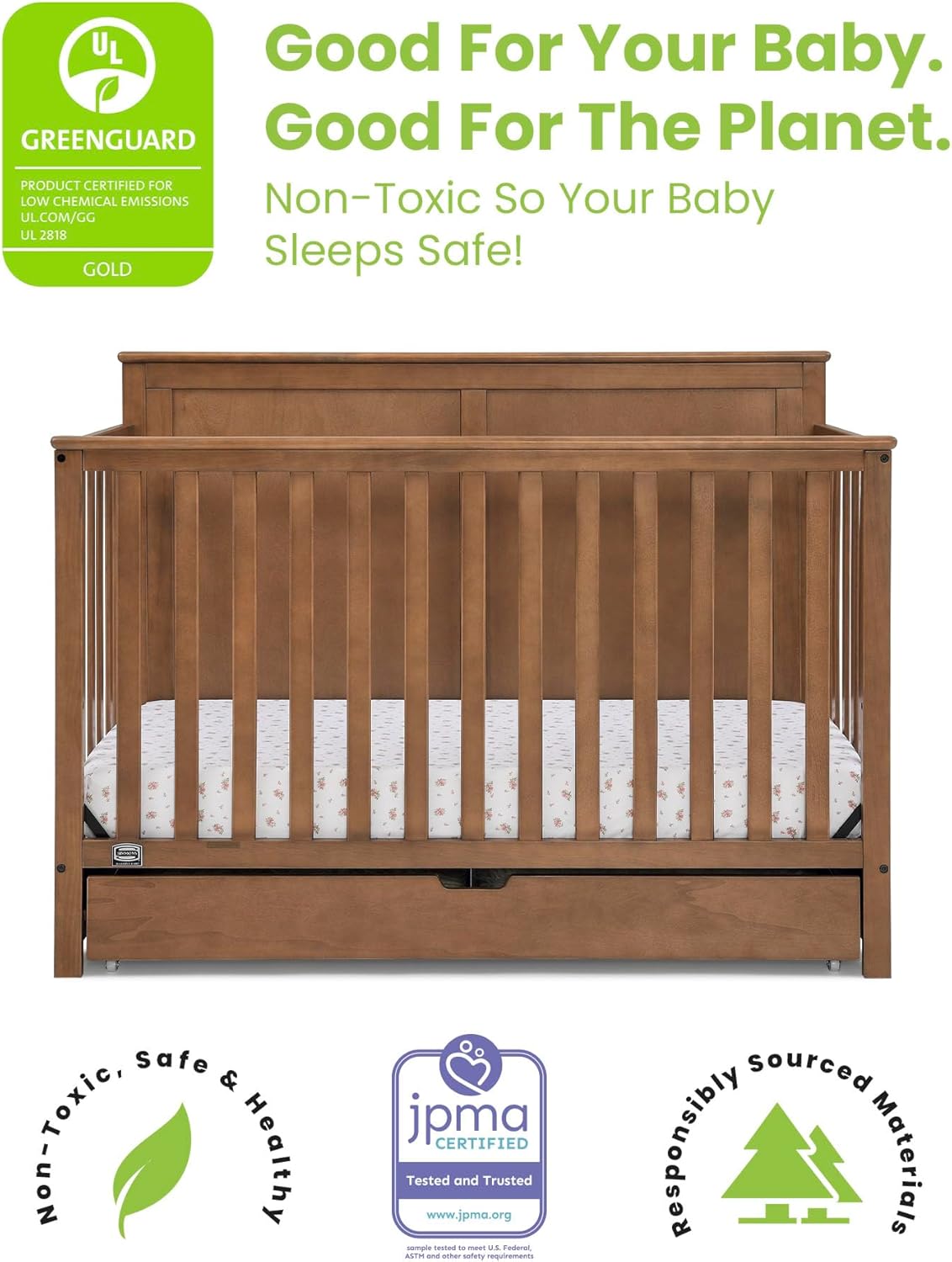 Simmons Kids Logan 6-in-1 Convertible Crib with Underdrawer - Greenguard Gold Certified, Chestnut Simmons Kids Logan 6-in-1 Convertible Crib with Underdrawer - Greenguard Gold Certified, Chestnut