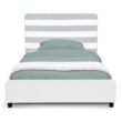 Delta Children Upholstered Twin Size Bed with Headboard, Premium Wood Slat Support, No Box Spring Needed, Easy Assembly, Grey/White Stripe