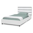 Delta Children Upholstered Twin Size Bed with Headboard, Premium Wood Slat Support, No Box Spring Needed, Easy Assembly, Grey/White Stripe