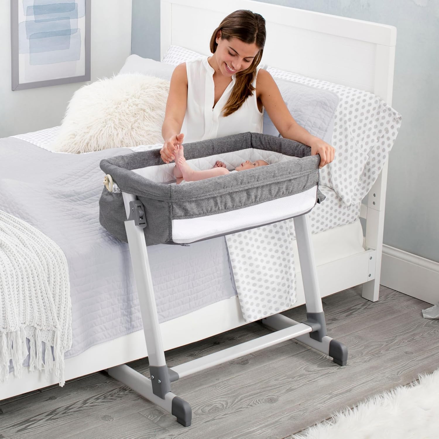 Simmons Kids By The Bed City Sleeper Bassinet - Adjustable Height Portable Crib with Wheels & Airflow Mesh, Grey Tweed Simmons Kids By The Bed City Sleeper Bassinet - Adjustable Height Portable Crib with Wheels & Airflow Mesh, Grey Tweed
