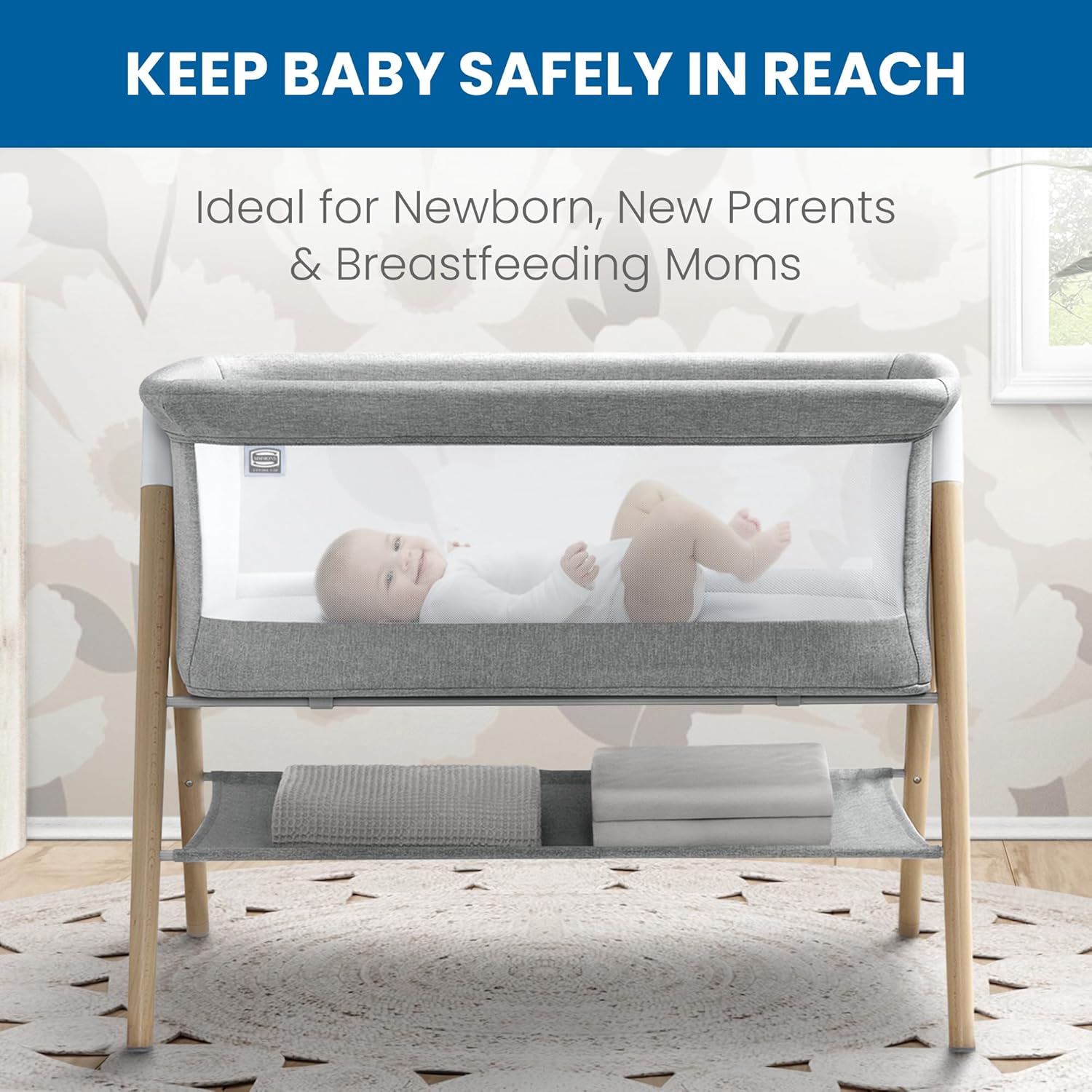 Simmons Kids Koi by The Bed Bassinet with Breathable Mesh and Natural Beechwood Legs, Dove Grey Simmons Kids Koi by The Bed Bassinet with Breathable Mesh and Natural Beechwood Legs, Dove Grey