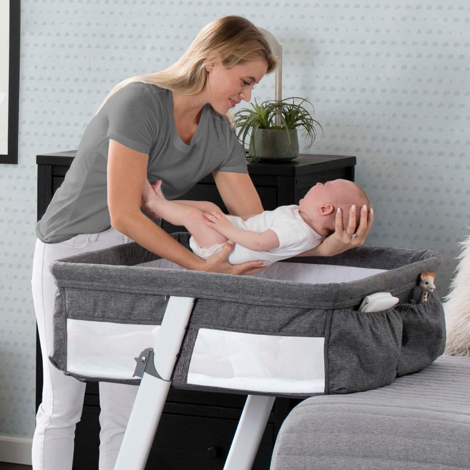 Simmons Kids By The Bed City Sleeper Bassinet for Twins - Adjustable Height Portable Crib with Wheels & Airflow Mesh, Grey Tweed Simmons Kids By The Bed City Sleeper Bassinet for Twins - Adjustable Height Portable Crib with Wheels & Airflow Mesh, Grey Tweed