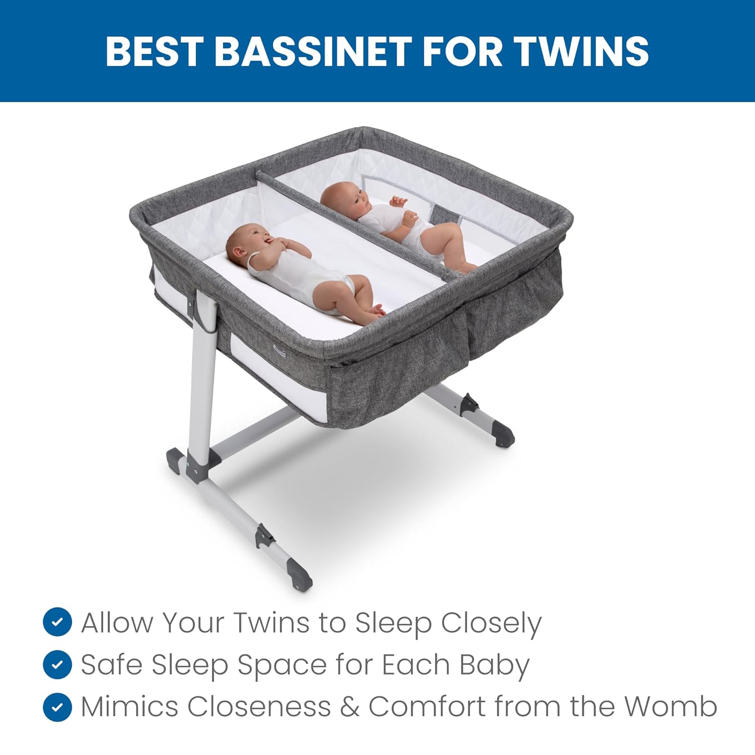 Simmons Kids By The Bed City Sleeper Bassinet for Twins - Adjustable Height Portable Crib with Wheels & Airflow Mesh, Grey Tweed Simmons Kids By The Bed City Sleeper Bassinet for Twins - Adjustable Height Portable Crib with Wheels & Airflow Mesh, Grey Tweed