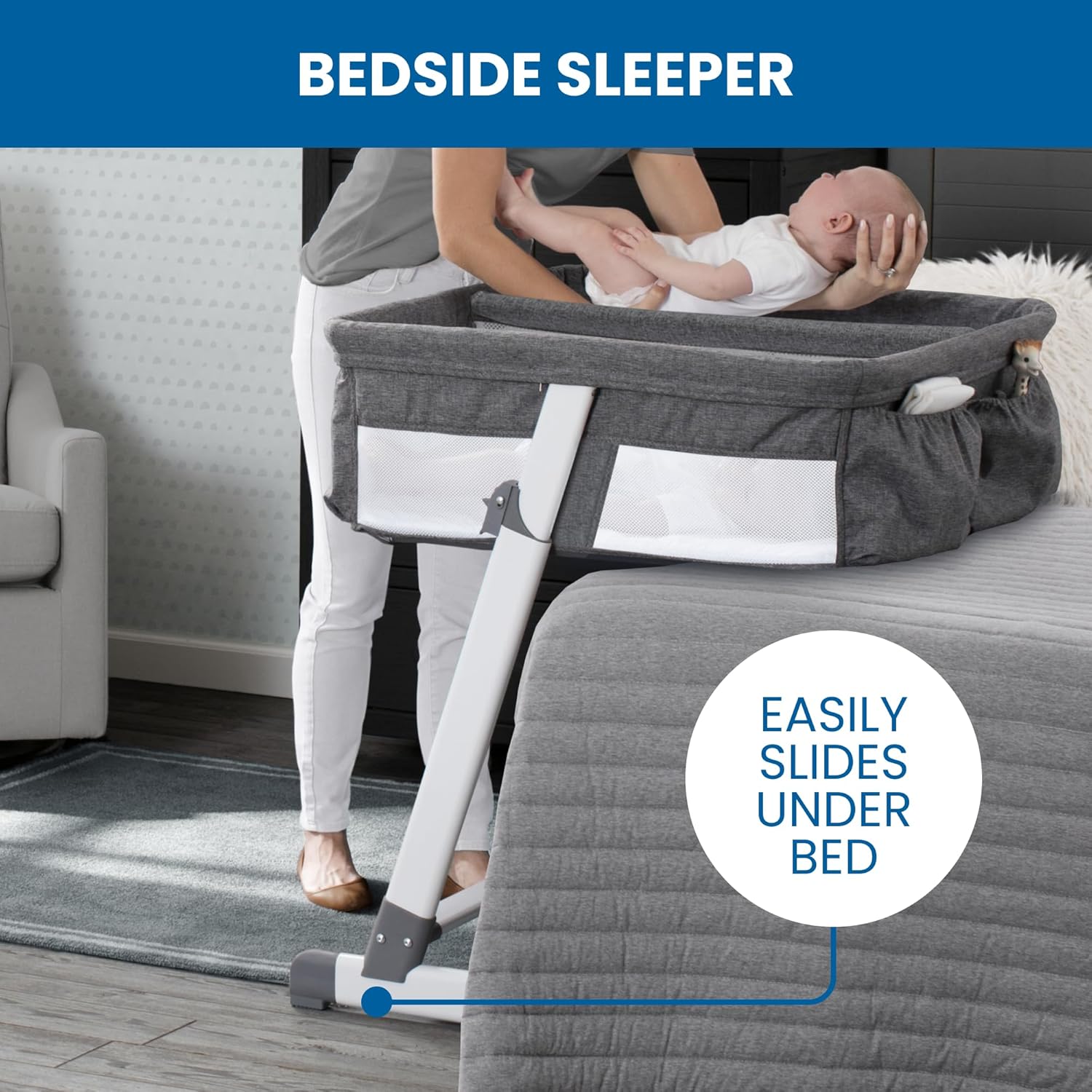 Simmons Kids By The Bed City Sleeper Bassinet for Twins - Adjustable Height Portable Crib with Wheels & Airflow Mesh, Grey Tweed Simmons Kids By The Bed City Sleeper Bassinet for Twins - Adjustable Height Portable Crib with Wheels & Airflow Mesh, Grey Tweed