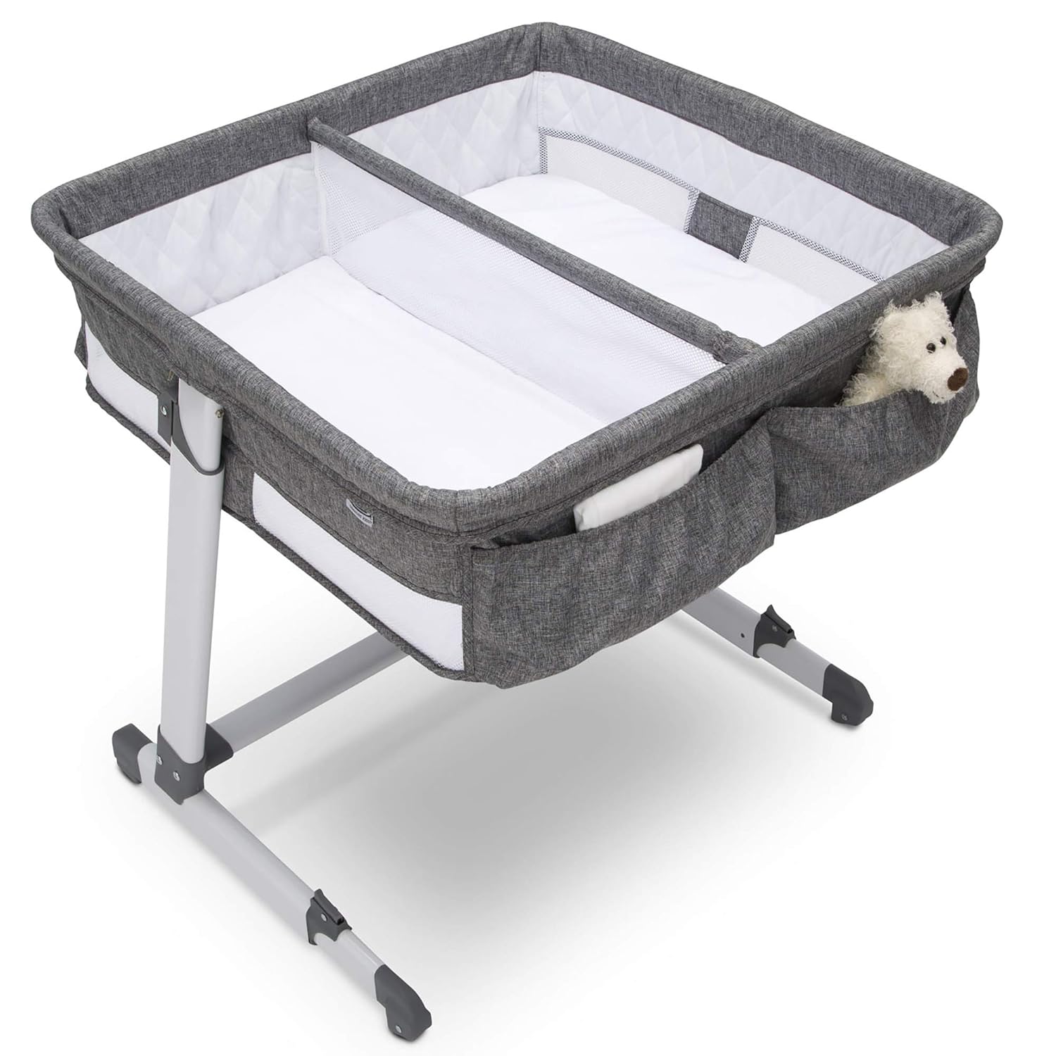 Simmons Kids By The Bed City Sleeper Bassinet for Twins - Adjustable Height Portable Crib with Wheels & Airflow Mesh, Grey Tweed Simmons Kids By The Bed City Sleeper Bassinet for Twins - Adjustable Height Portable Crib with Wheels & Airflow Mesh, Grey Tweed
