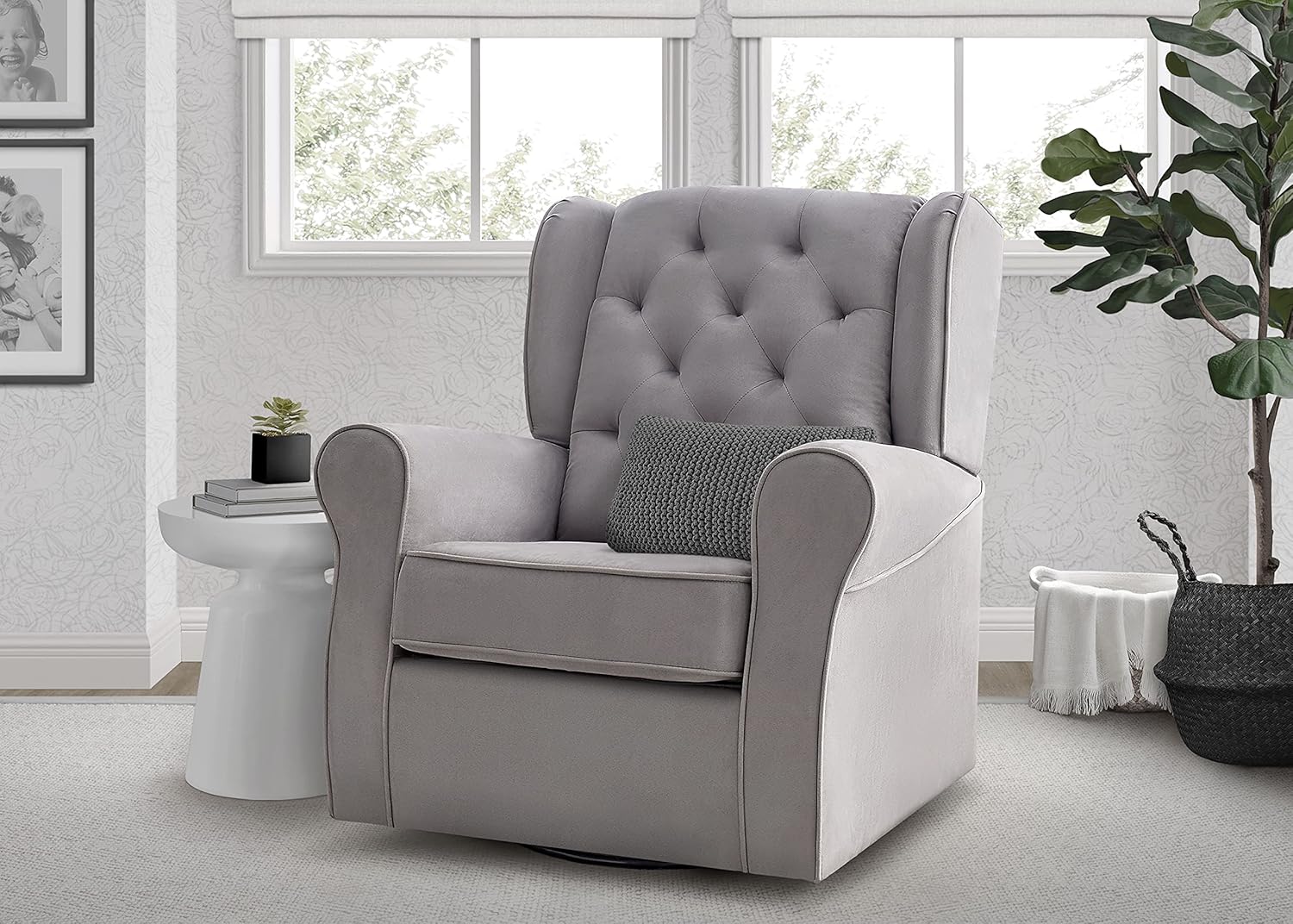 Delta Children Emerson Upholstered Glider Swivel Rocker Chair, Dove Grey with Soft Grey Welt Delta Children Emerson Upholstered Glider Swivel Rocker Chair, Dove Grey with Soft Grey Welt