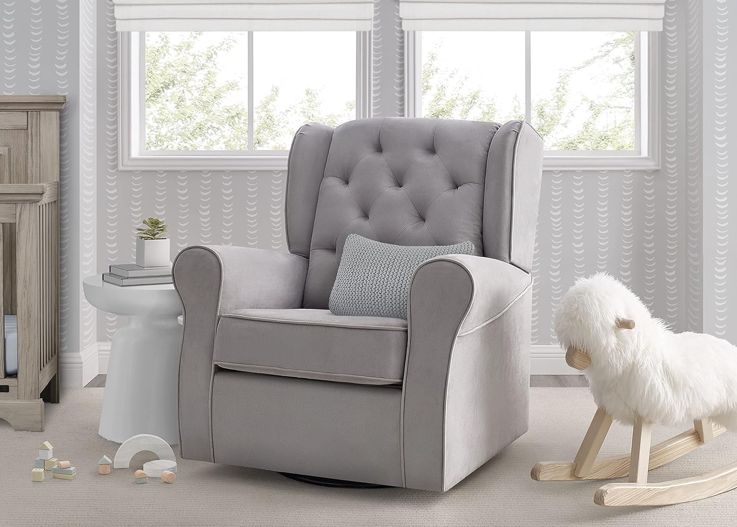 Delta Children Emerson Upholstered Glider Swivel Rocker Chair, Dove Grey with Soft Grey Welt Delta Children Emerson Upholstered Glider Swivel Rocker Chair, Dove Grey with Soft Grey Welt