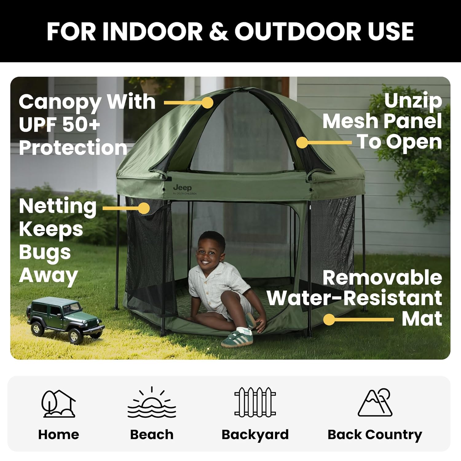 Jeep Hexagon Pop Up Play Yard with Removable Canopy | Ideal for Indoor and Outdoor Use, Olive Green Jeep Hexagon Pop Up Play Yard with Removable Canopy | Ideal for Indoor and Outdoor Use, Olive Green
