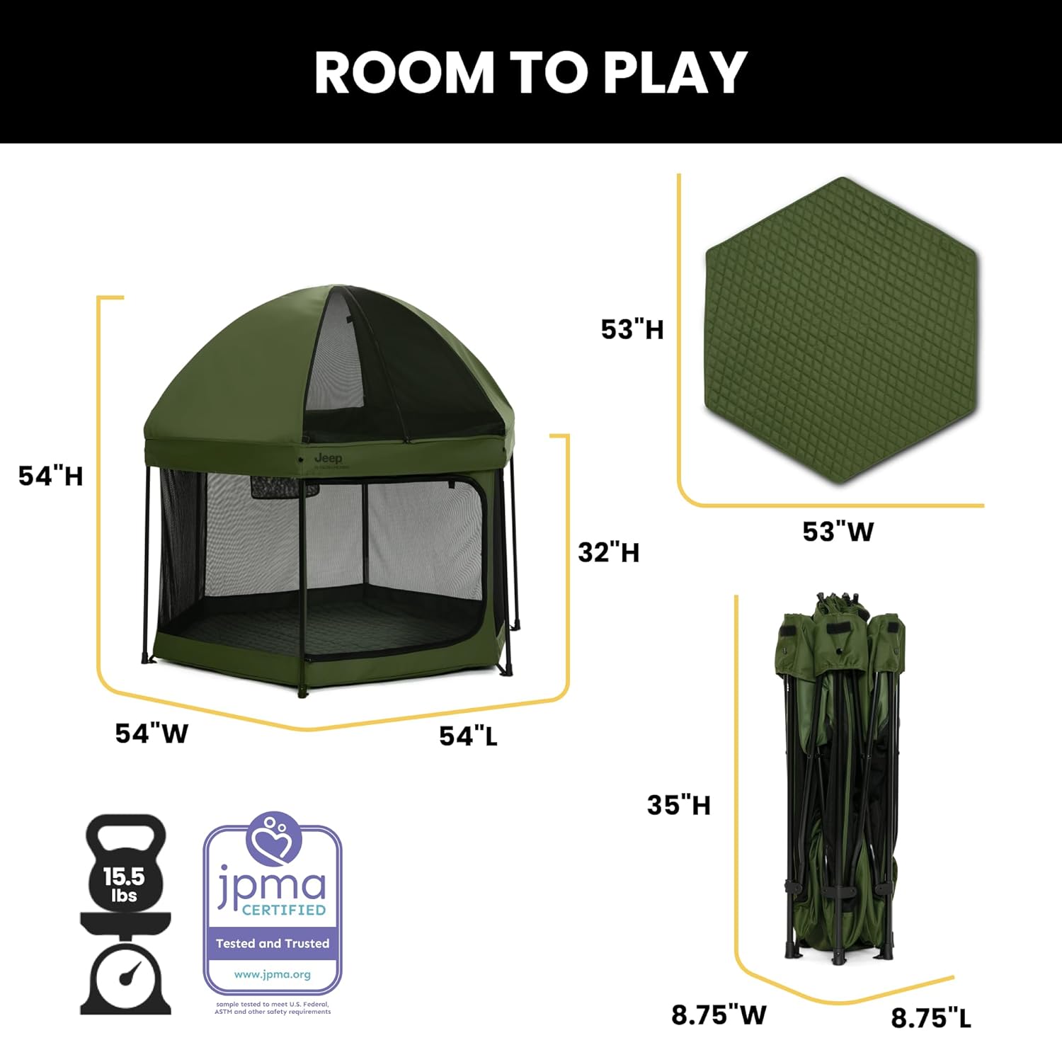 Jeep Hexagon Pop Up Play Yard with Removable Canopy | Ideal for Indoor and Outdoor Use, Olive Green Jeep Hexagon Pop Up Play Yard with Removable Canopy | Ideal for Indoor and Outdoor Use, Olive Green