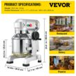 VEVOR 450 W 3 Speed 10 Qt Food Mixer Dough Mixer 304 Stainless Steel 10-Quart Commercial/Residential Bowl-lift Stand Mixer