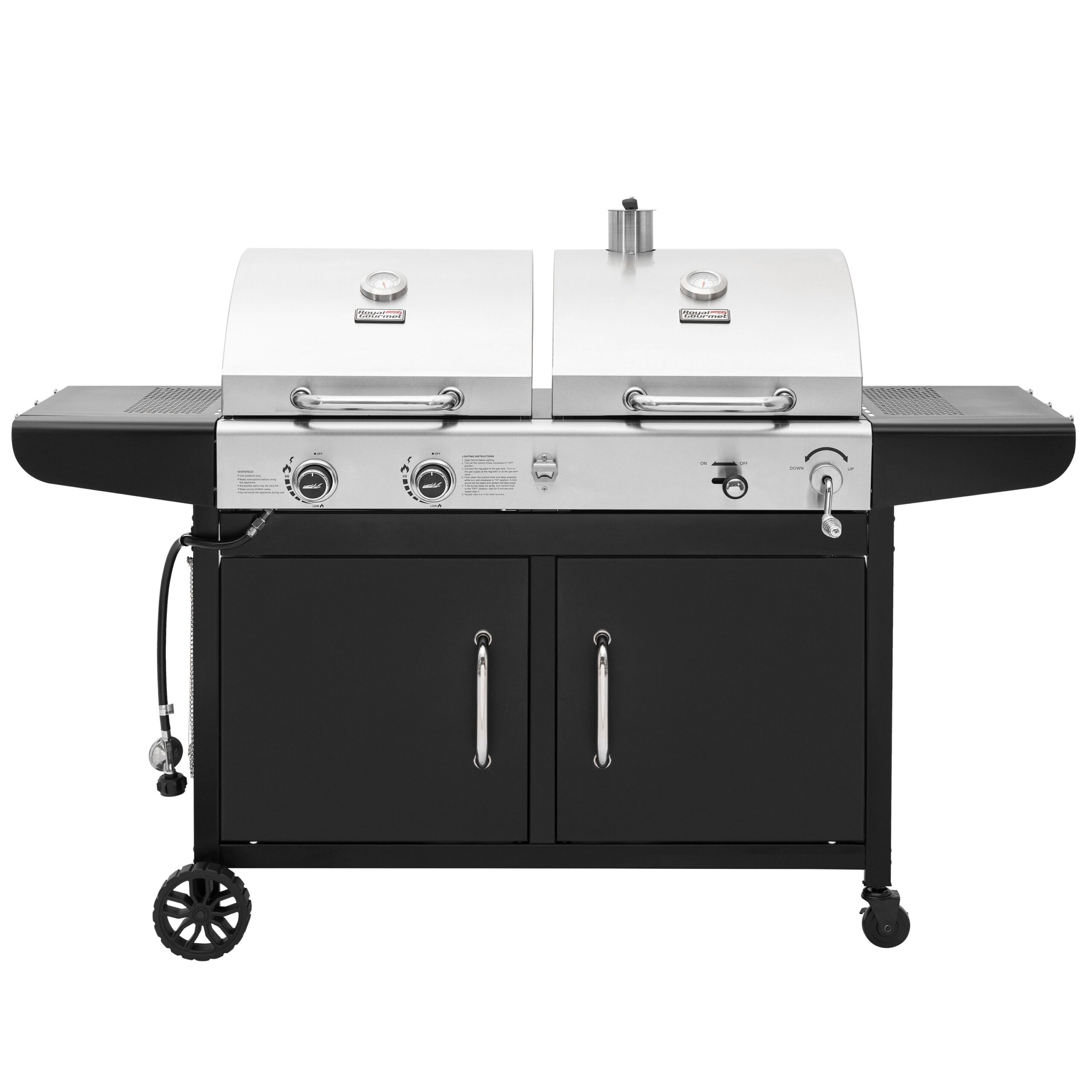 Royal Gourmet Cabinet Style Dual Fuel Series Silver Black Liquid propane and charcoal Combo Grill Royal Gourmet Cabinet Style Dual Fuel Series Silver Black Liquid propane and charcoal Combo Grill