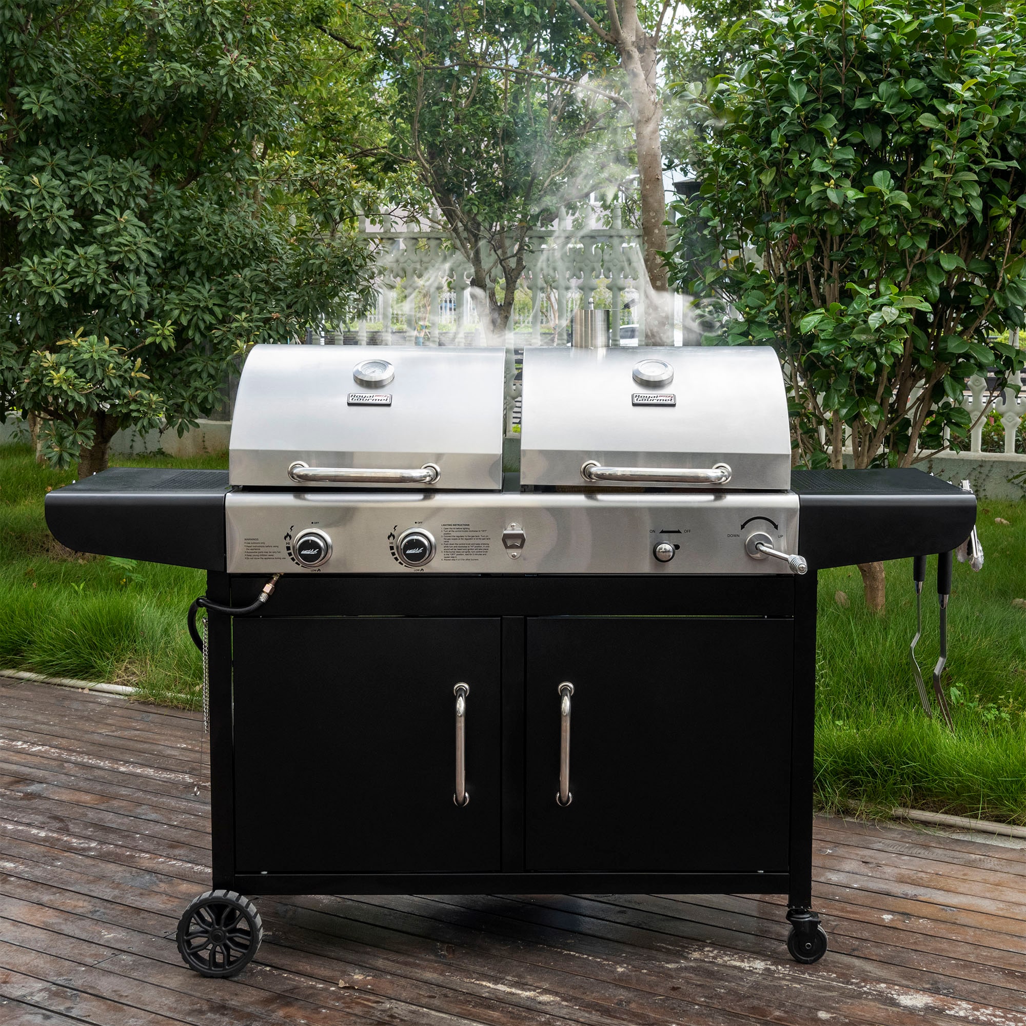 Royal Gourmet Cabinet Style Dual Fuel Series Silver Black Liquid propane and charcoal Combo Grill Royal Gourmet Cabinet Style Dual Fuel Series Silver Black Liquid propane and charcoal Combo Grill