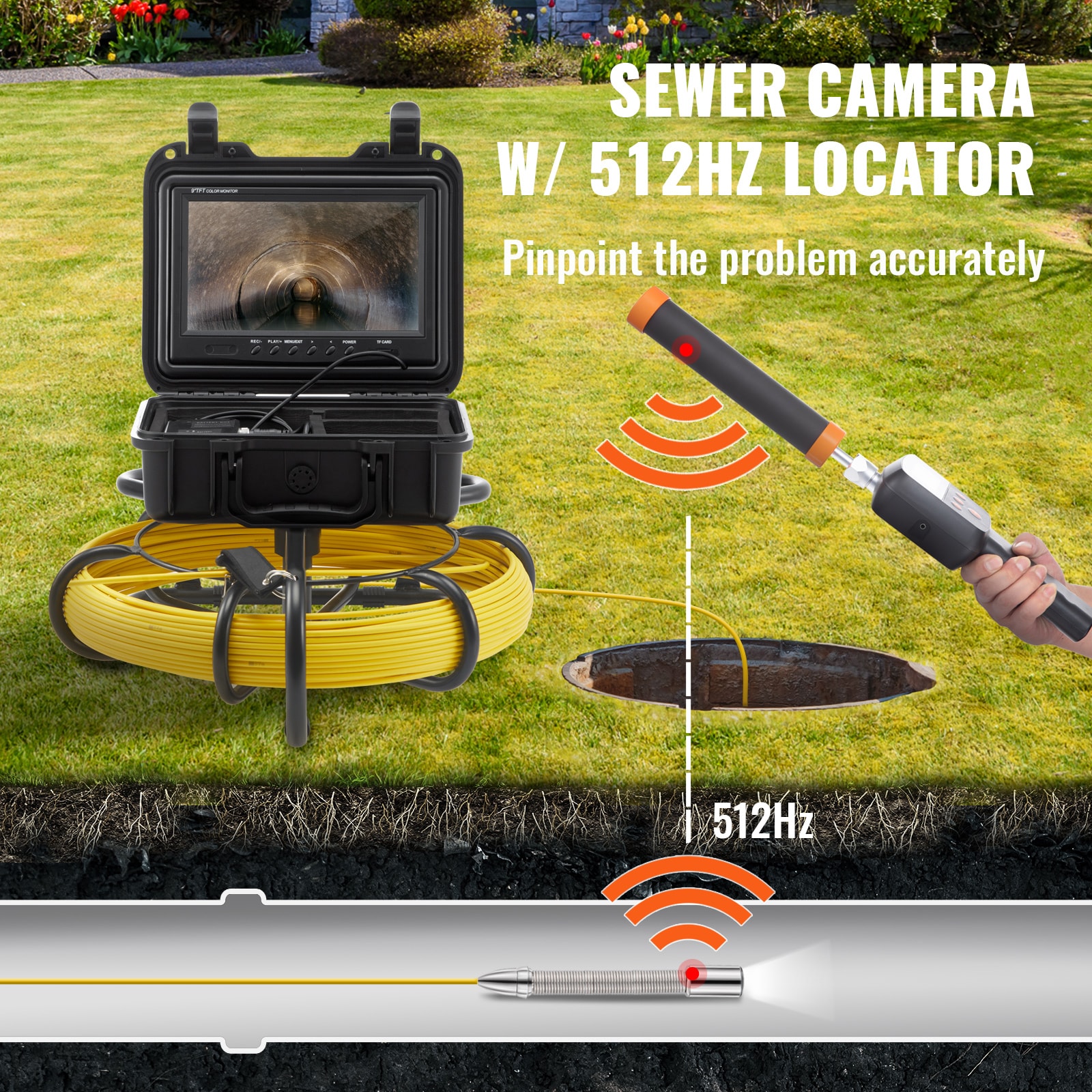 VEVOR Sewer Camera with 512-Hz Locator VEVOR Sewer Camera with 512-Hz Locator, 165 ft/50 m, 9-in Pipeline Inspection Camera w/DVR Function, IP68 Camera w/12 Adjustable LEDs, A 16 GB SD Card for Sewer Line, Home, Duct Drain Pipe Plumbing