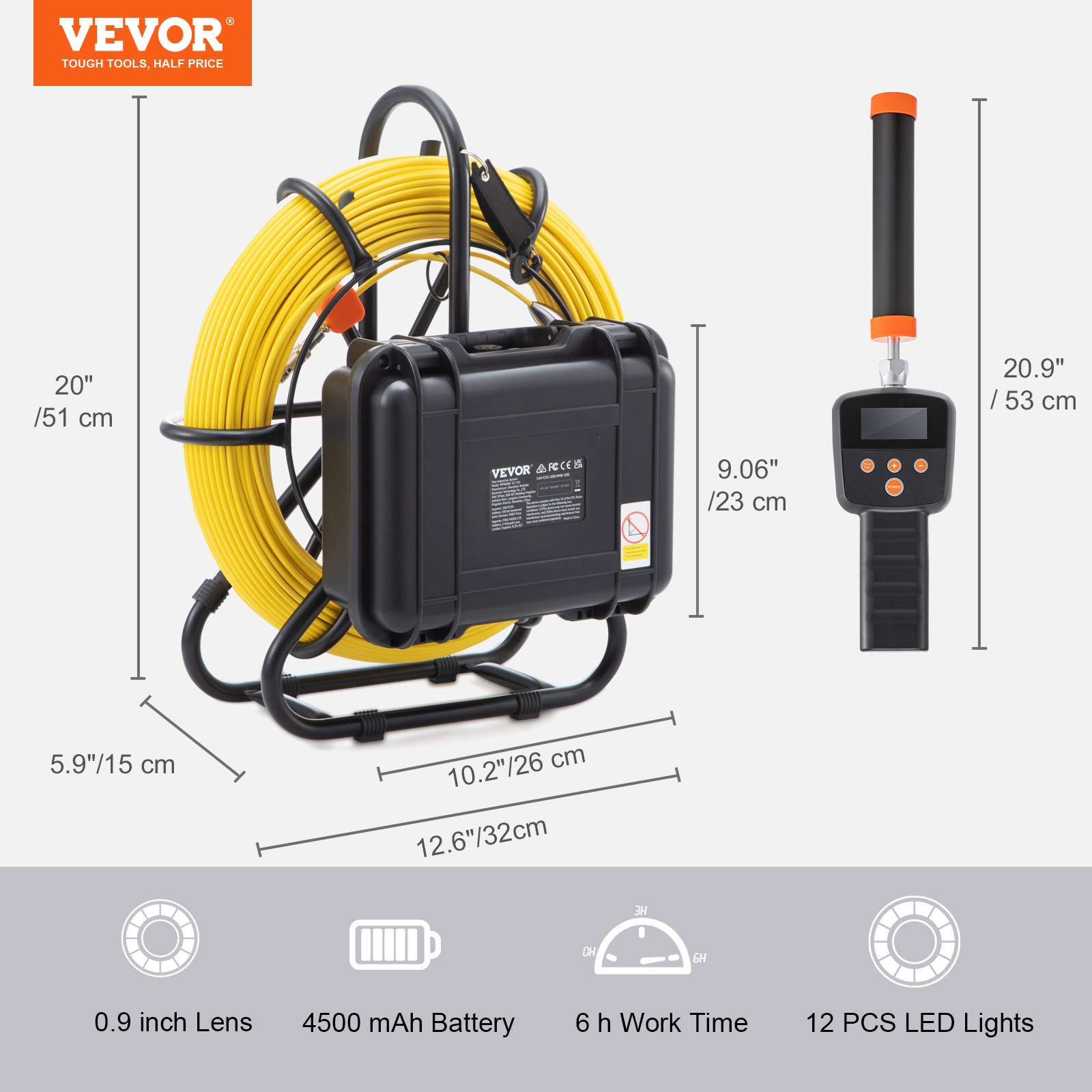 VEVOR Sewer Camera with 512-Hz Locator VEVOR Sewer Camera with 512-Hz Locator, 165 ft/50 m, 9-in Pipeline Inspection Camera w/DVR Function, IP68 Camera w/12 Adjustable LEDs, A 16 GB SD Card for Sewer Line, Home, Duct Drain Pipe Plumbing