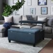 Simpli Home Harrison Old World/Vintage Distressed Dark Blue Faux leather Storage Ottoman