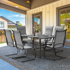 Nuu Garden 7 -Piece Black Patio Dining Set Iron Rectangle Table with 6 Light gray C-spring Chairs