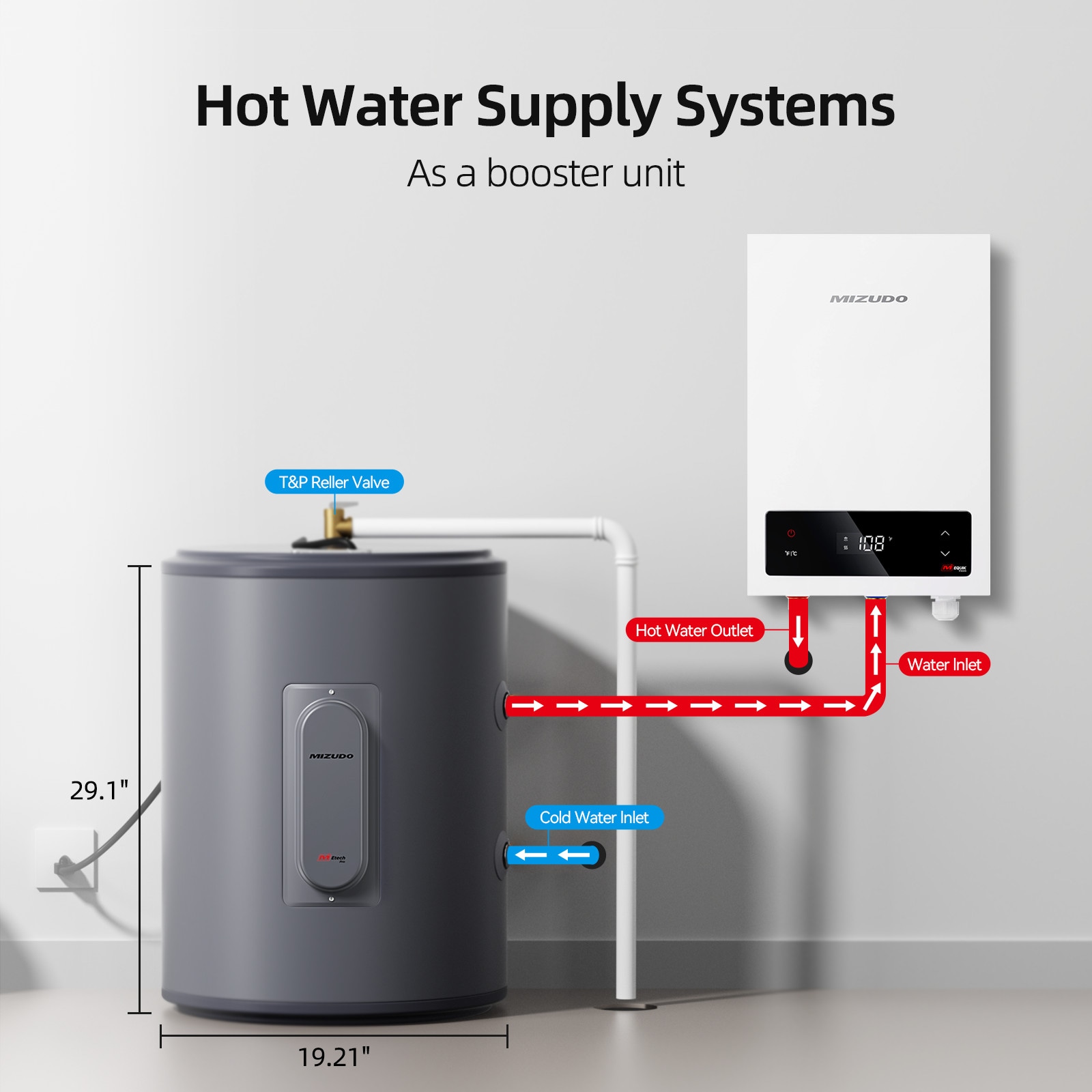 Mizudo 18-Gallon Electric Short Tank Water Heater with T and P Valve, 1500W 120V, Water Connection 3/4 In Npt Mizudo 18-Gallon Electric Short Tank Water Heater with T and P Valve, 1500W 120V, Water Connection 3/4 In Npt