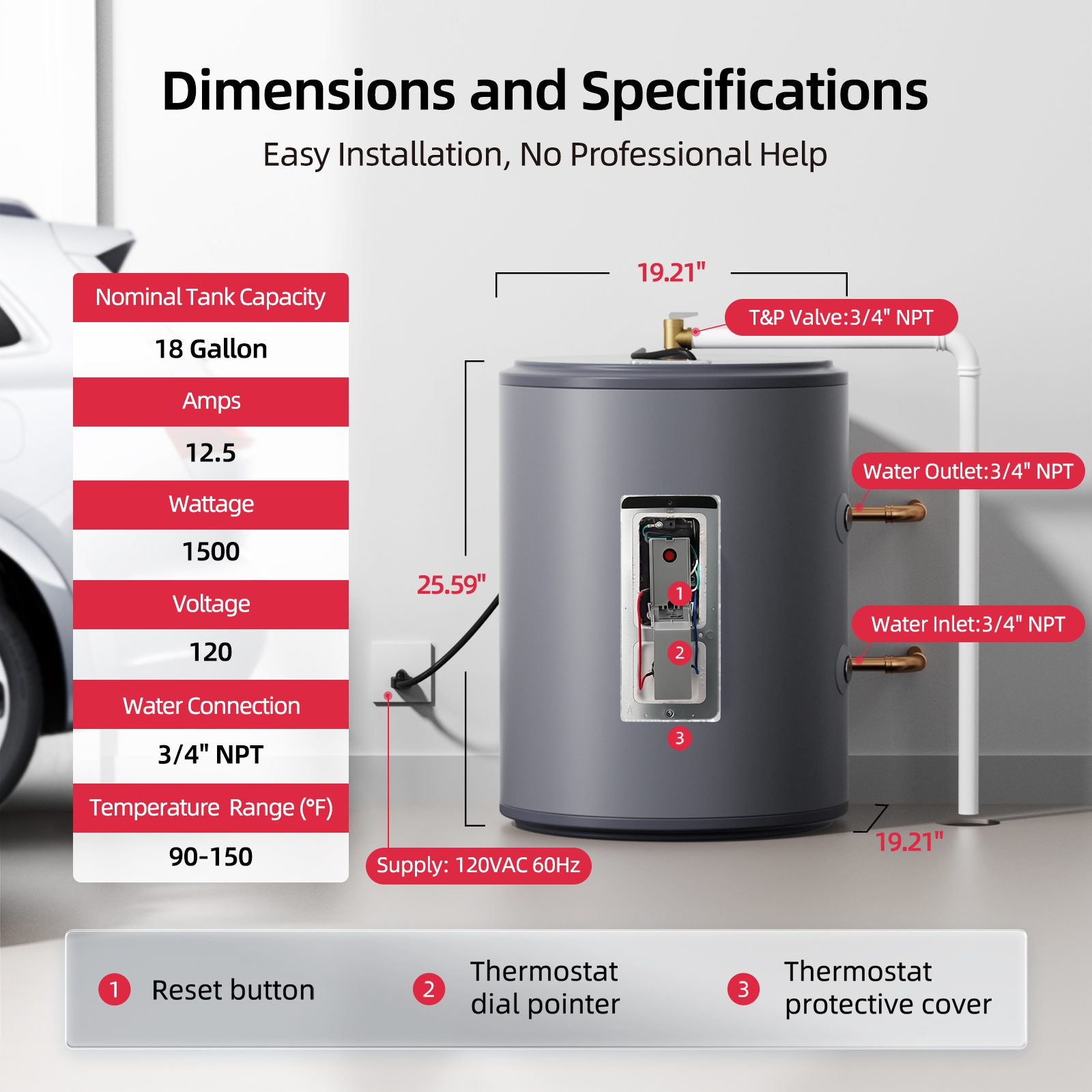 Mizudo 18-Gallon Electric Short Tank Water Heater with T and P Valve, 1500W 120V, Water Connection 3/4 In Npt Mizudo 18-Gallon Electric Short Tank Water Heater with T and P Valve, 1500W 120V, Water Connection 3/4 In Npt