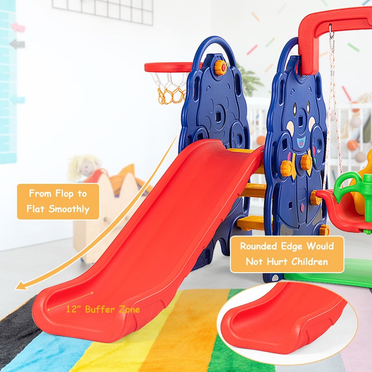 Slickblue 1-Swings Red Blue HDPE Kids Slide Swing Set with Basketball for Indoor or Outdoor Spaces Slickblue 1-Swings Red Blue HDPE Kids Slide Swing Set with Basketball for Indoor or Outdoor Spaces