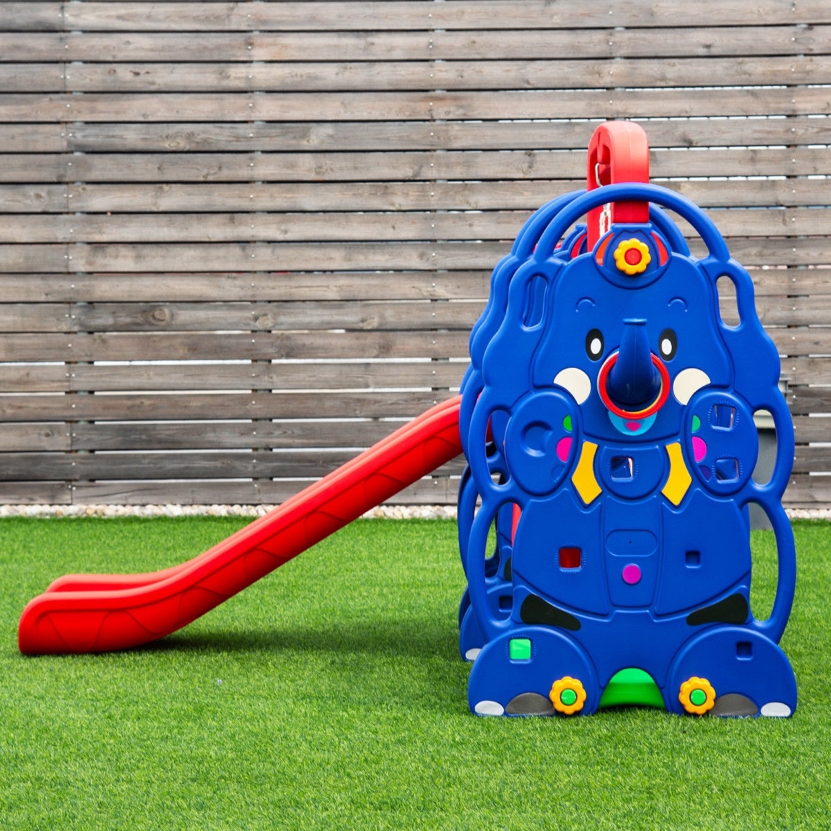 Slickblue 1-Swings Red Blue HDPE Kids Slide Swing Set with Basketball for Indoor or Outdoor Spaces Slickblue 1-Swings Red Blue HDPE Kids Slide Swing Set with Basketball for Indoor or Outdoor Spaces