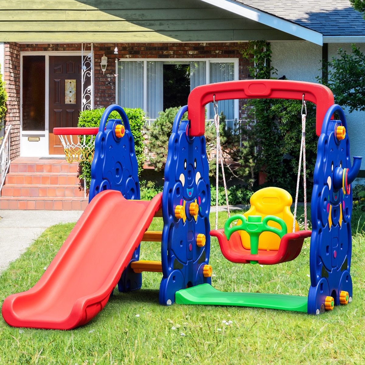 Slickblue 1-Swings Red Blue HDPE Kids Slide Swing Set with Basketball for Indoor or Outdoor Spaces Slickblue 1-Swings Red Blue HDPE Kids Slide Swing Set with Basketball for Indoor or Outdoor Spaces