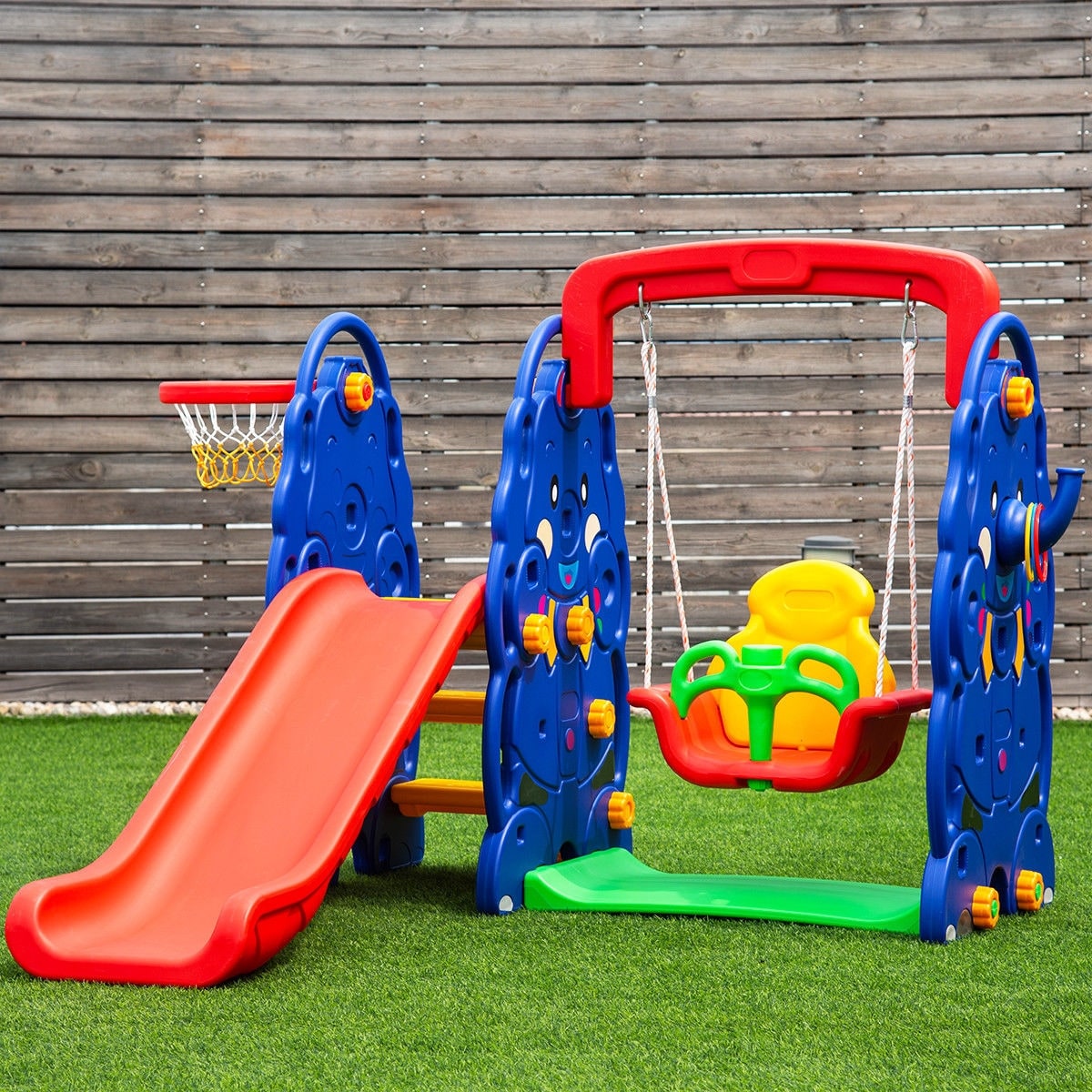 Slickblue 1-Swings Red Blue HDPE Kids Slide Swing Set with Basketball for Indoor or Outdoor Spaces Slickblue 1-Swings Red Blue HDPE Kids Slide Swing Set with Basketball for Indoor or Outdoor Spaces