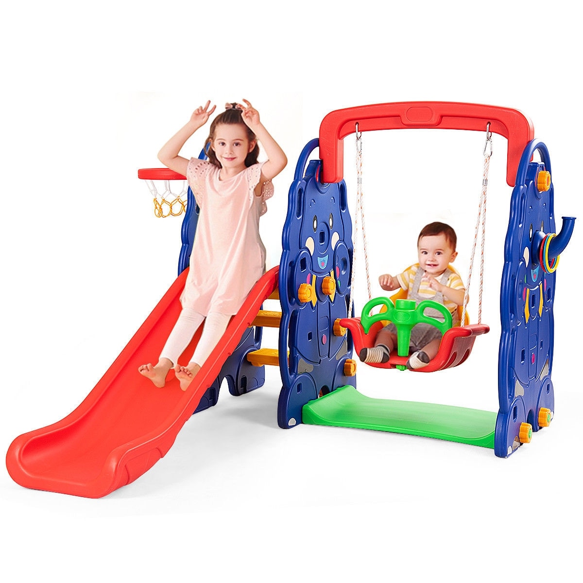 Slickblue 1-Swings Red Blue HDPE Kids Slide Swing Set with Basketball for Indoor or Outdoor Spaces Slickblue 1-Swings Red Blue HDPE Kids Slide Swing Set with Basketball for Indoor or Outdoor Spaces