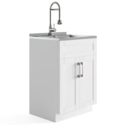Simpli Home Hennessy 23.6-in x 19.7-in 1 -Basin Pure White Freestanding Laundry sink with Cabinet with Drain with Faucet