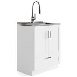 Simpli Home Reed 27.6-in x 19.7-in 1 -Basin Pure White Freestanding Laundry sink with Cabinet with Drain with Faucet