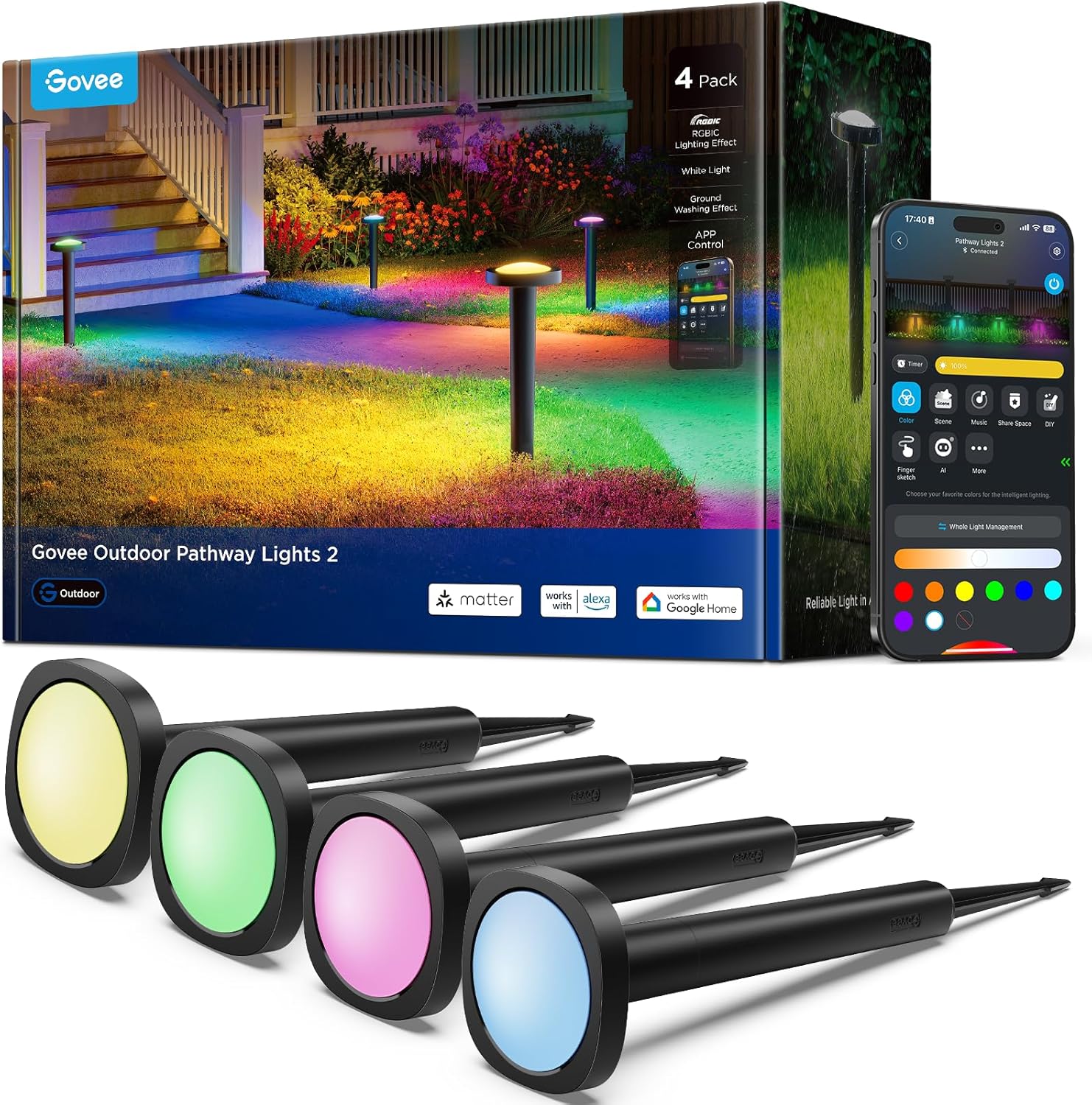 Govee Outdoor Pathway Lights 2, IP66 Waterproof Patio Lights, 60+ Scene Modes Landscape Lighting for Yard, Garage, Garden, Lawn, Outdoor Decor, Works with Alexa, Google Assistant, Matter, Wired 4 Pack Govee Outdoor Pathway Lights 2, IP66 Waterproof Patio Lights, 60+ Scene Modes Landscape Lighting for Yard, Garage, Garden, Lawn, Outdoor Decor, Works with Alexa, Google Assistant, Matter, Wired 4 Pack