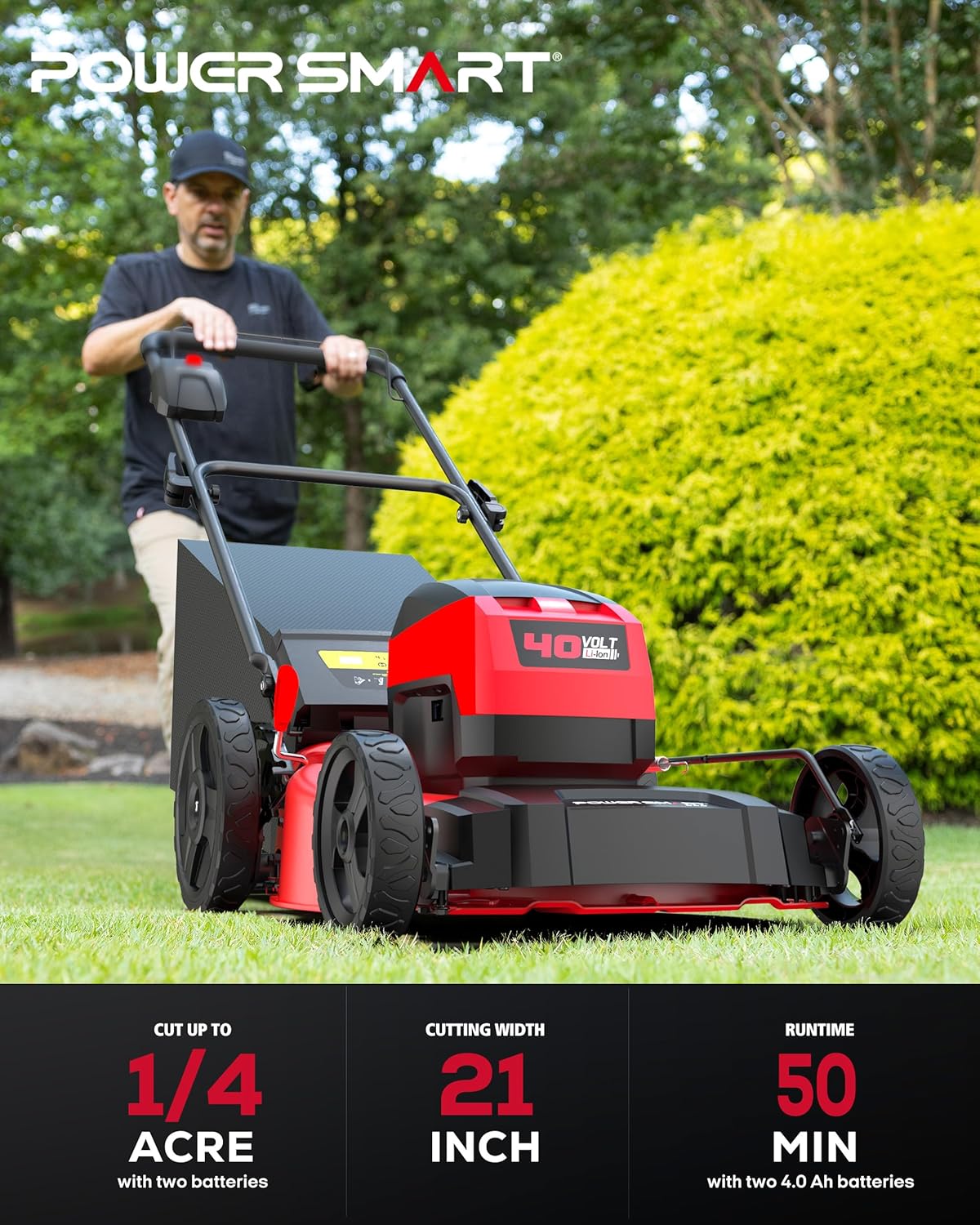 PowerSmart 40V 21" Cordless Push Lawn Mower with 2 x 4.0ah Batteries and Charger, up to 1/4 Acre (MB2400B) PowerSmart 40V 21" Cordless Push Lawn Mower with 2 x 4.0ah Batteries and Charger, up to 1/4 Acre (MB2400B)