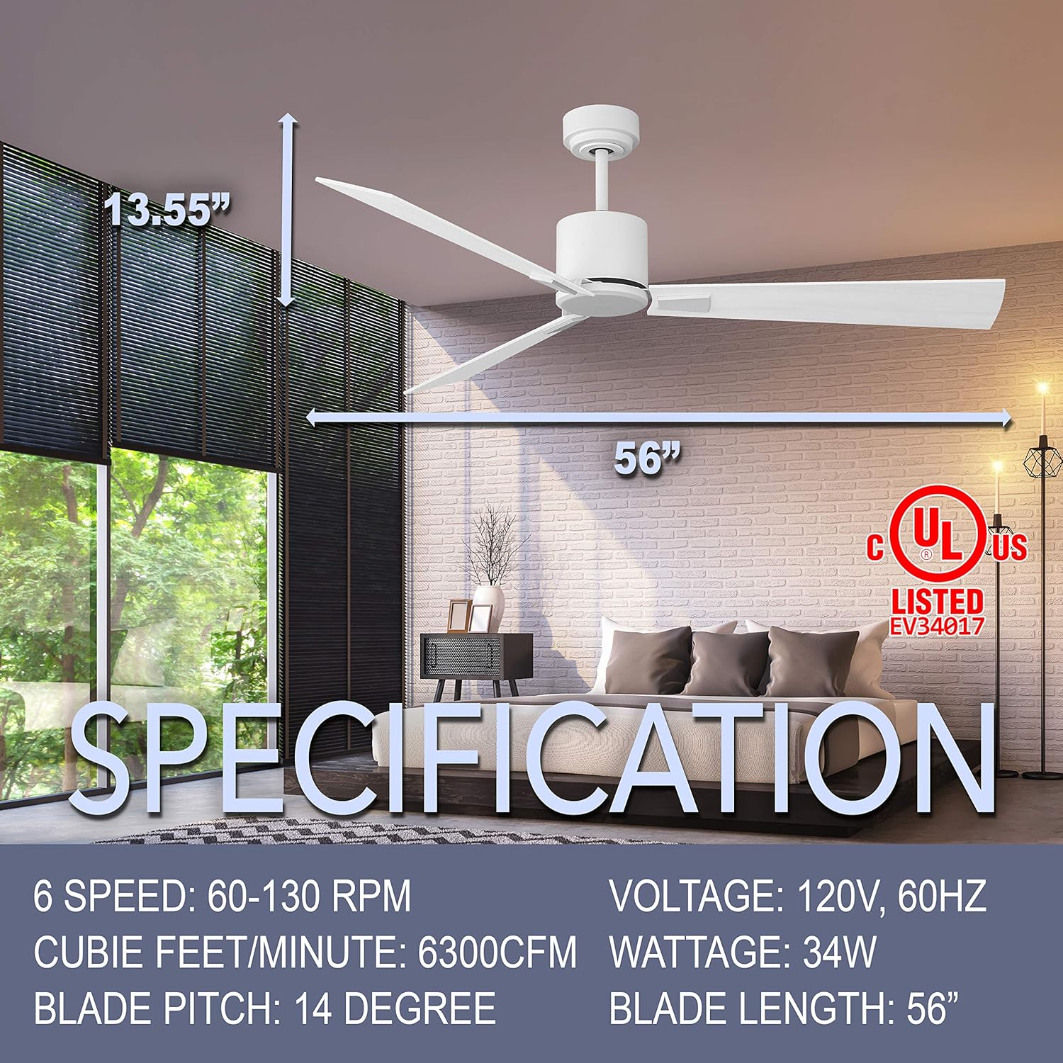 iLiving Quiet BLDC Indoor Ceiling Fan with Remote Control, 3 Blades 6 Speeds, 56 Inches, 6300 CFM, White/Wood Finish iLiving Quiet BLDC Indoor Ceiling Fan with Remote Control, 3 Blades 6 Speeds, 56 Inches, 6300 CFM, White/Wood Finish